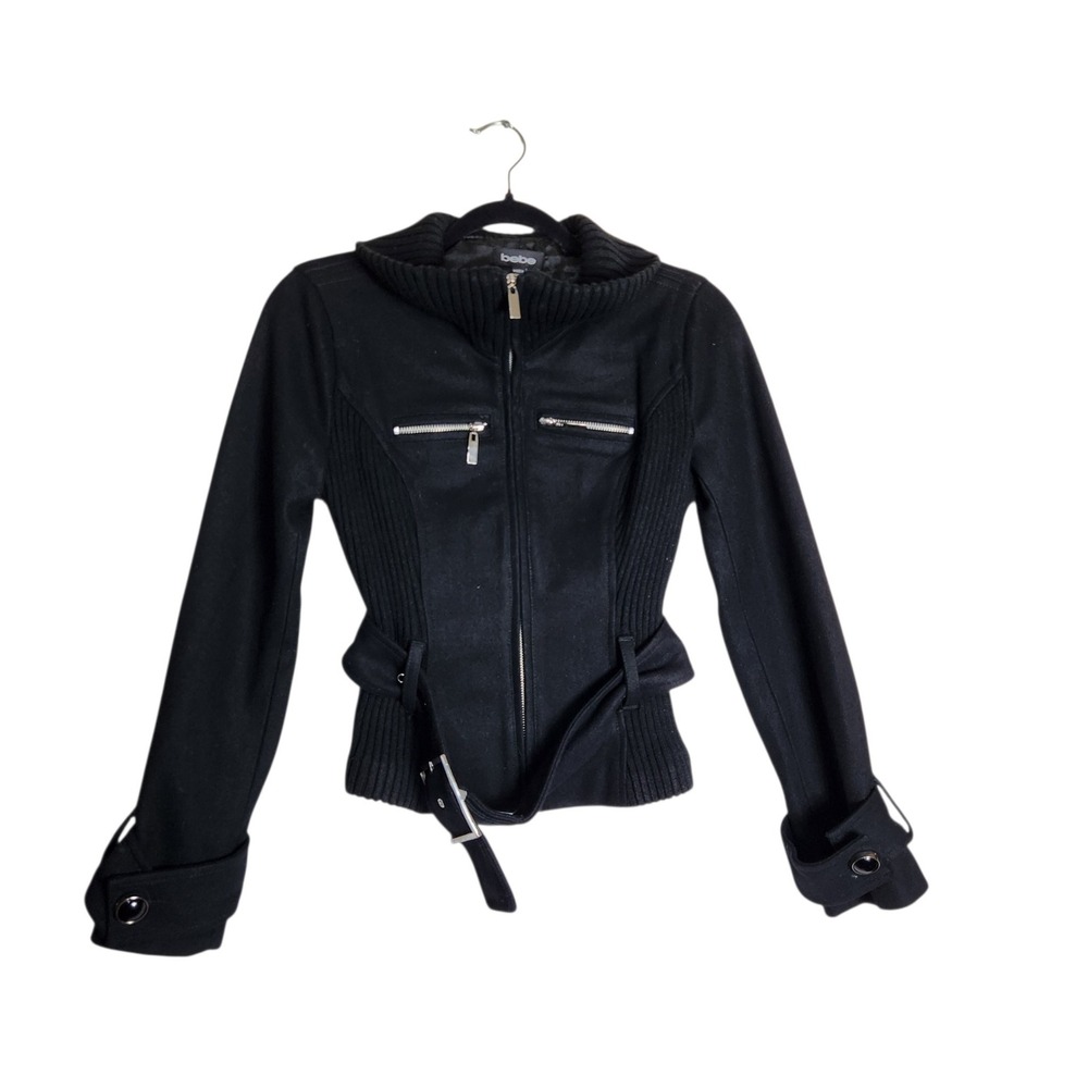 Bebe Womens Black Wool Blend Belted Jacket Ribbed Knit Trim XS
